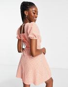 Urban Revivo Midi Dress With Puff Sleeves In Dark Orange Gingham