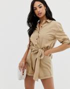Asos Design Boiler Romper With Button Front And Tie Waist-cream