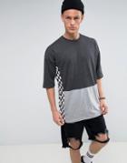 Asos Oversized T-shirt With Checkboard Color Block Panel Detail - Gray