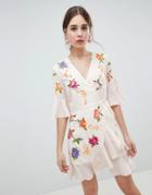 Asos Design Embroidered Wrap Mini Dress-white