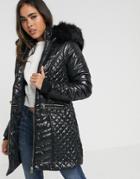 River Island Longline Quilted Padded Jacket With Fur Hood In Black