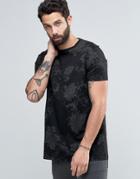 Asos Longline T-shirt With Tonal Floral Print - Black