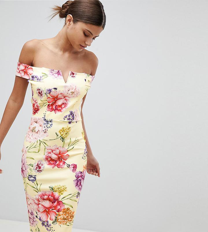 Missguided Floral Bardot Midi Dress - Yellow
