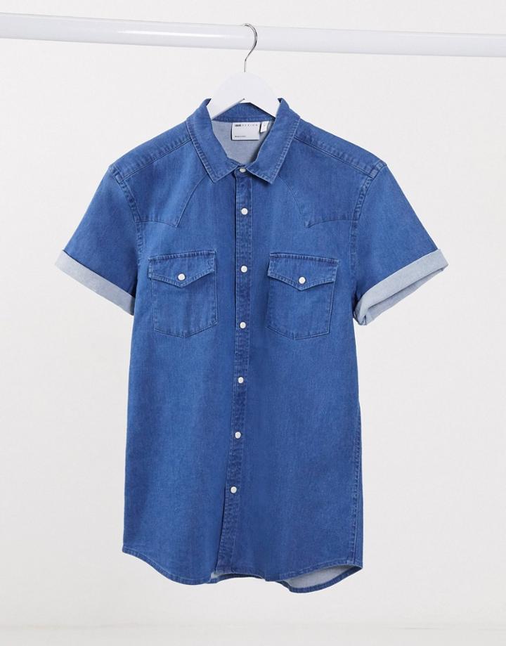 Asos Design Skinny Fit Western Denim Shirt In Mid Wash-blue