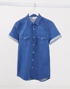 Asos Design Skinny Fit Western Denim Shirt In Mid Wash-blue