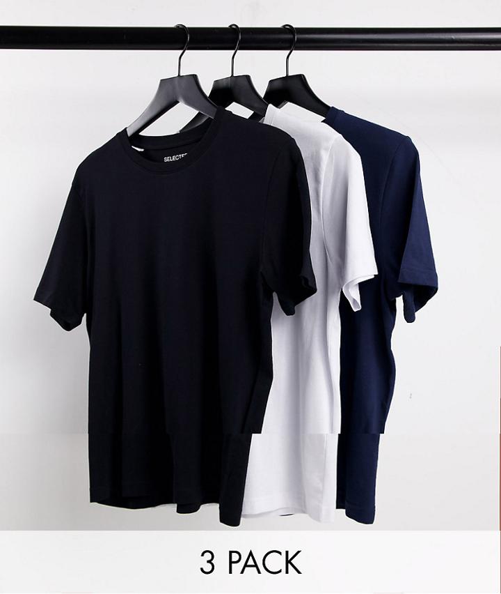 Selected Homme Organic Cotton Blend Slim Fit 3 Pack T-shirts In White, Black & Navy-multi