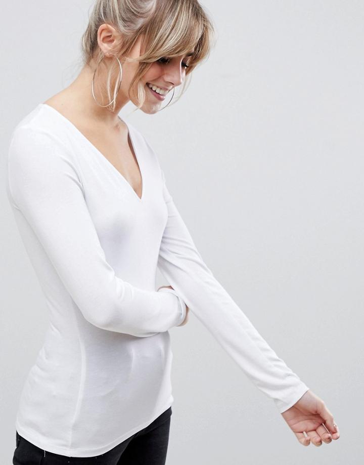 Asos Design Ultimate Top With Long Sleeve And V-neck In White