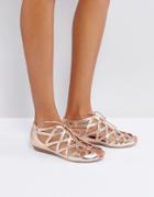 Office Leather Cutout Flat Sandals - Gold