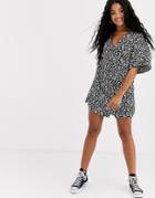 Asos Design V Neck Button Through Mini Smock Dress In Mono Floral Print-multi