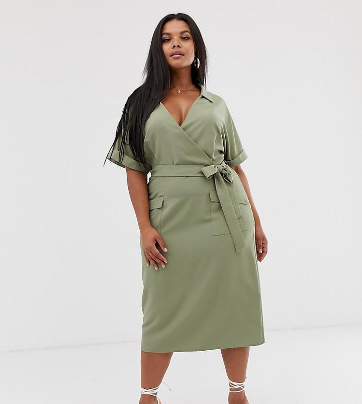 Asos Design Curve Utility Collared Wrap Midi Dress With Belt - Green