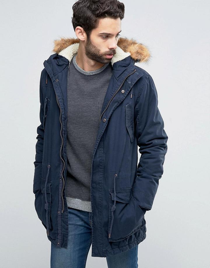 !solid Parka With Faux Fur Hood - Navy