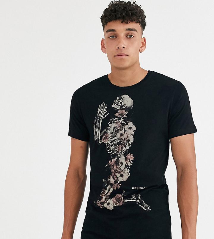 Religion Tall Curved Hem T-shirt With Floral Print In Black - Black