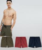 Asos Design Swim Shorts 3 Pack In Khaki/navy/burgundy Mid Length Save - Multi