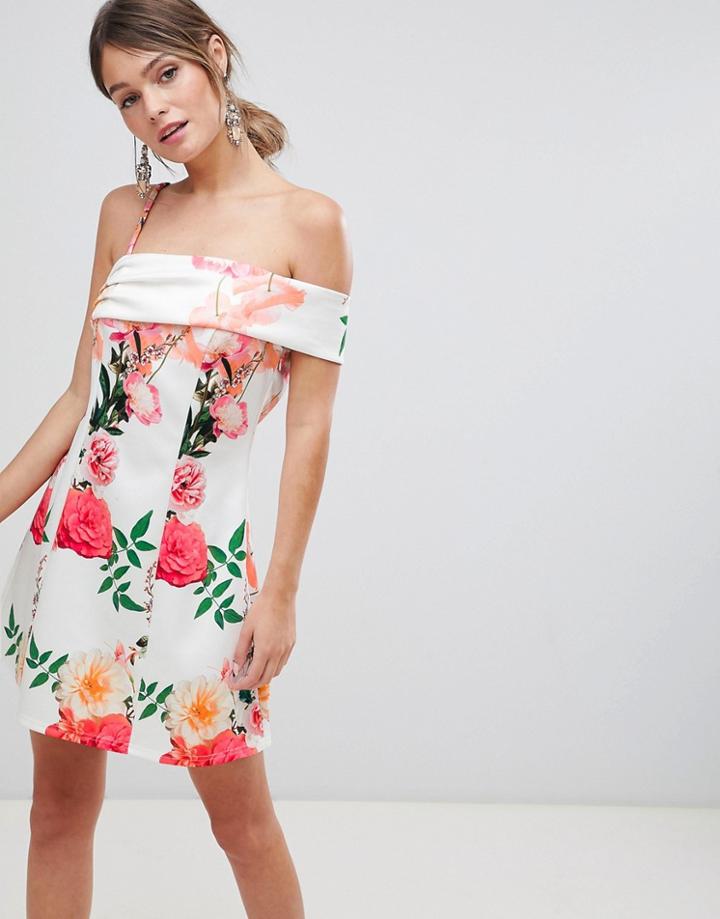 Asos Design Asymmetric Strap Floral A Line Mini Dress - Multi