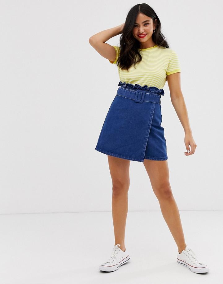 Asos Design Denim Mini Skirt With Double Breasted Detail And Paperbag Waist - Blue