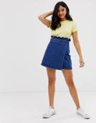 Asos Design Denim Mini Skirt With Double Breasted Detail And Paperbag Waist - Blue