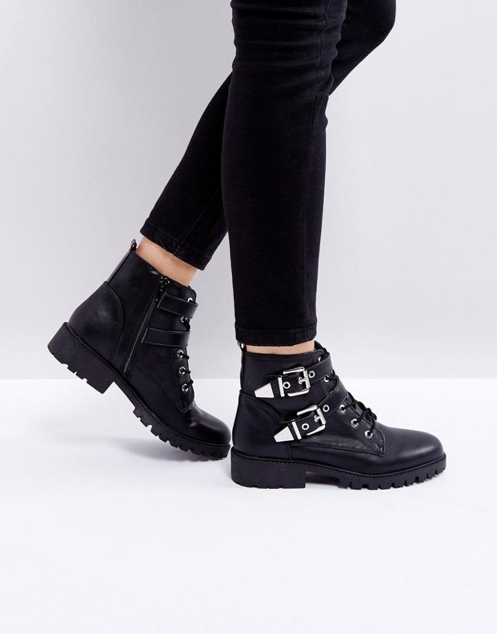 London Rebel Metal Trim Buckle Biker Boots - Black