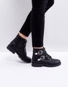 London Rebel Metal Trim Buckle Biker Boots - Black