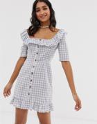 Asos Design Square Neck Gingham Mini Dress With Button Through And Pephem-multi