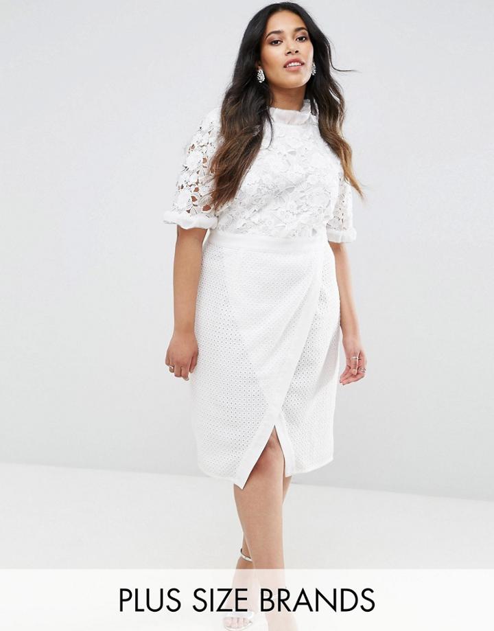 Truly You Lace Bodice Pencil Dress With Ruffle Neck And Wrap Skirt - White