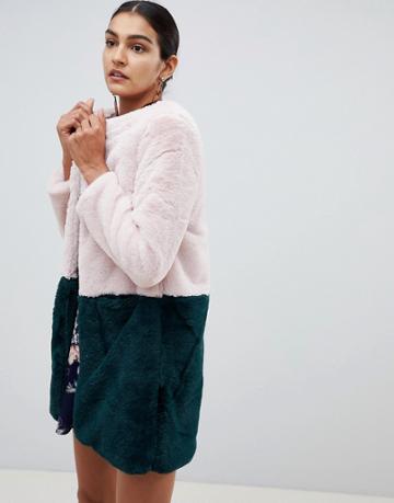 Angel Eye Color Block Faux Fur Coat - Multi