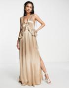 Topshop Eco Vera Blend Bridesmaid Ruffle Peplum Dress In Gold-navy