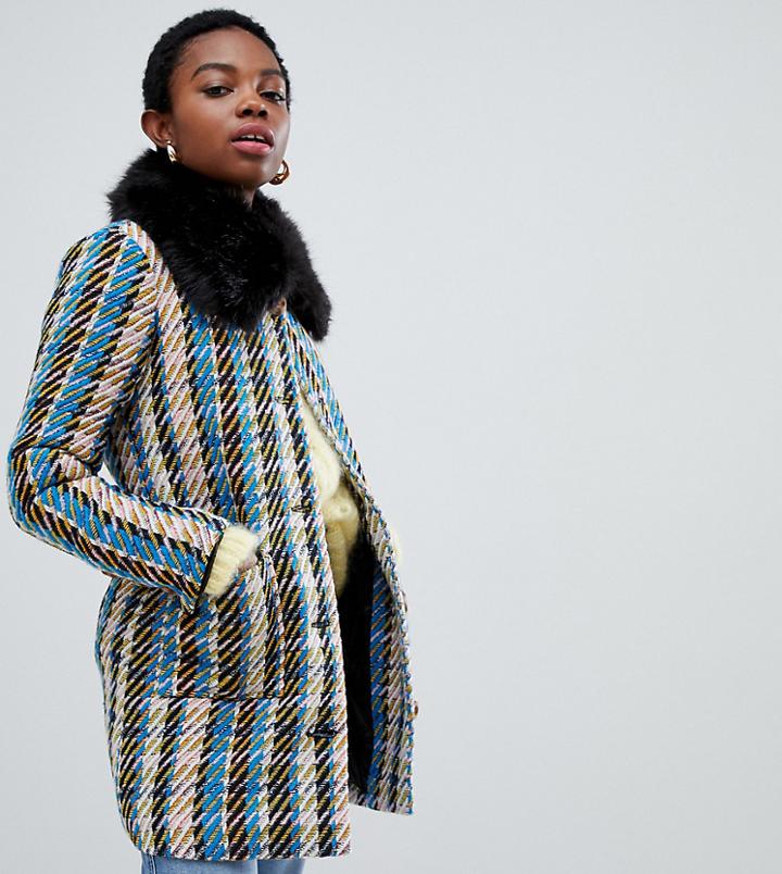 Glamorous Petite Coat With Faux Fur Collar In Metallic Flecked Tweed