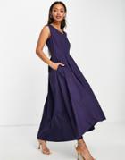 Closet London V-neck High Low Pleated Midi Dress In Navy