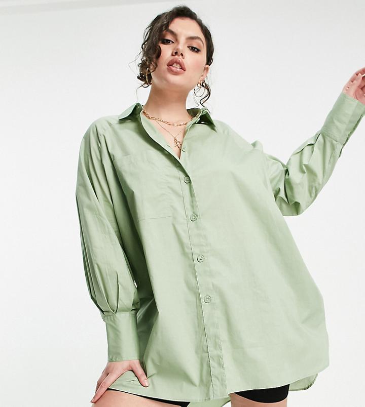 Threadbare Plus Size Oversized Balloon Sleeve Shirt Dress In Soft Khaki-green