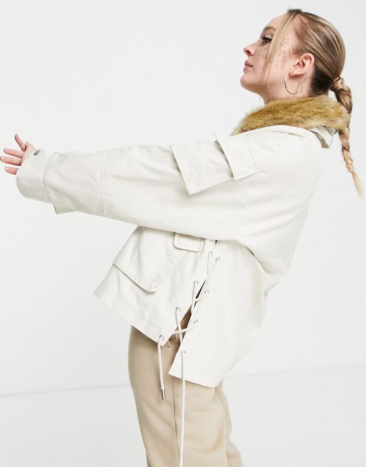 Urban Revivo Parka Jacket With Faux Fur Collar In Off White-green