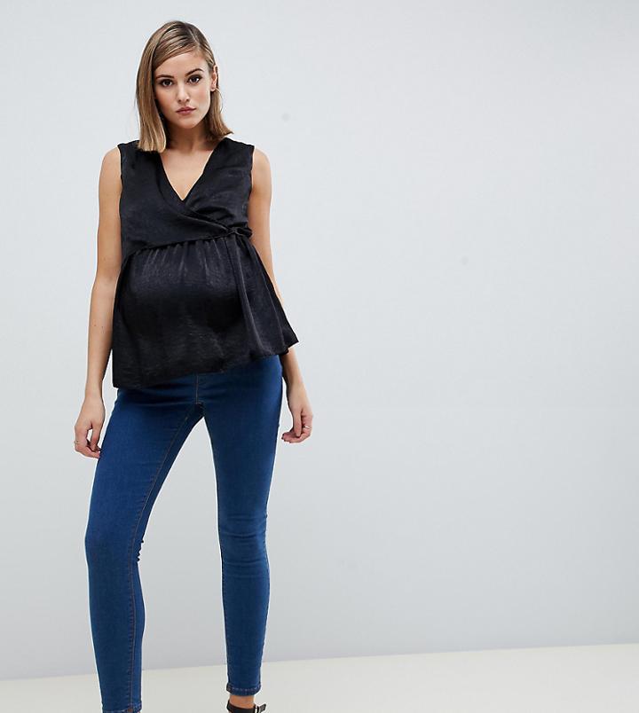 Asos Design Maternity Wrap Front Nursing Top In Satin-black