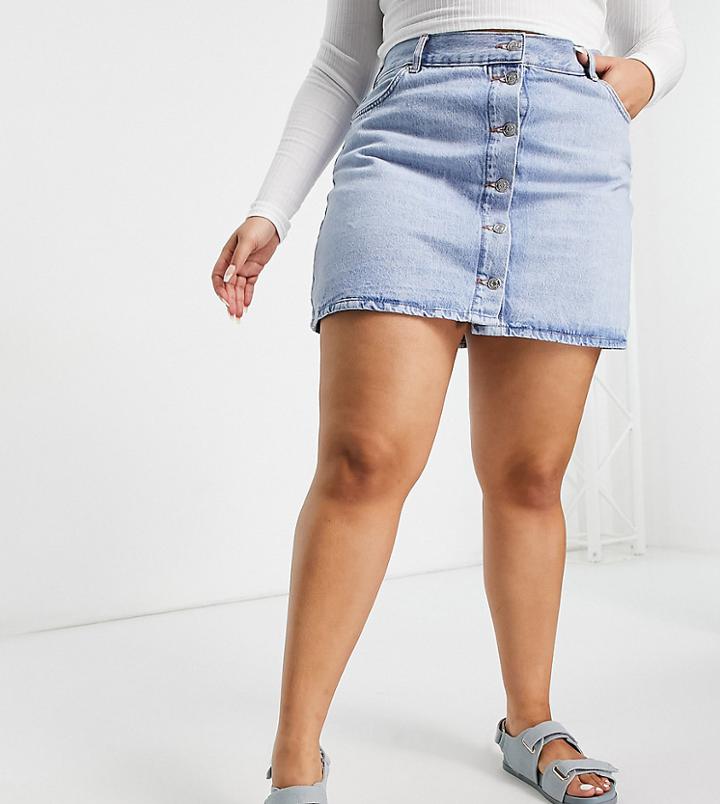 Asos Design Curve Denim Button Skirt In Blue-blues