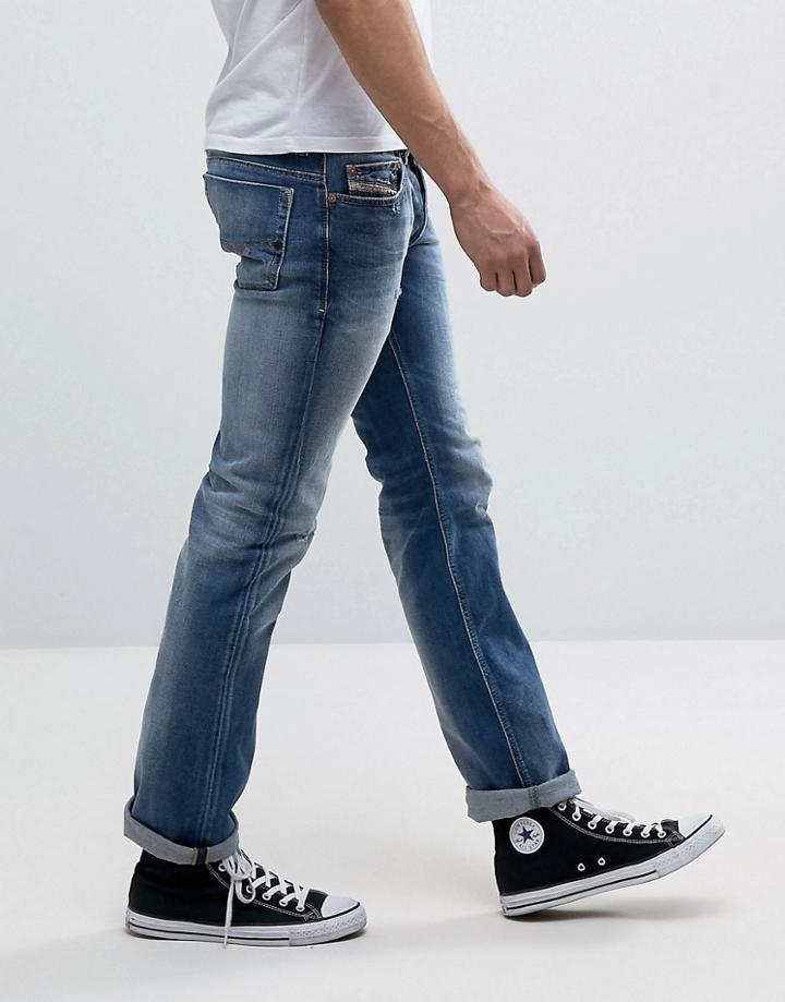 Diesel Safado Straight Fit Jeans 84dd Mid Wash Abrasisions - Blue