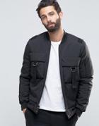 Asos Bomber Jacket With Chest Pockets And Strap Detail In Black - Black