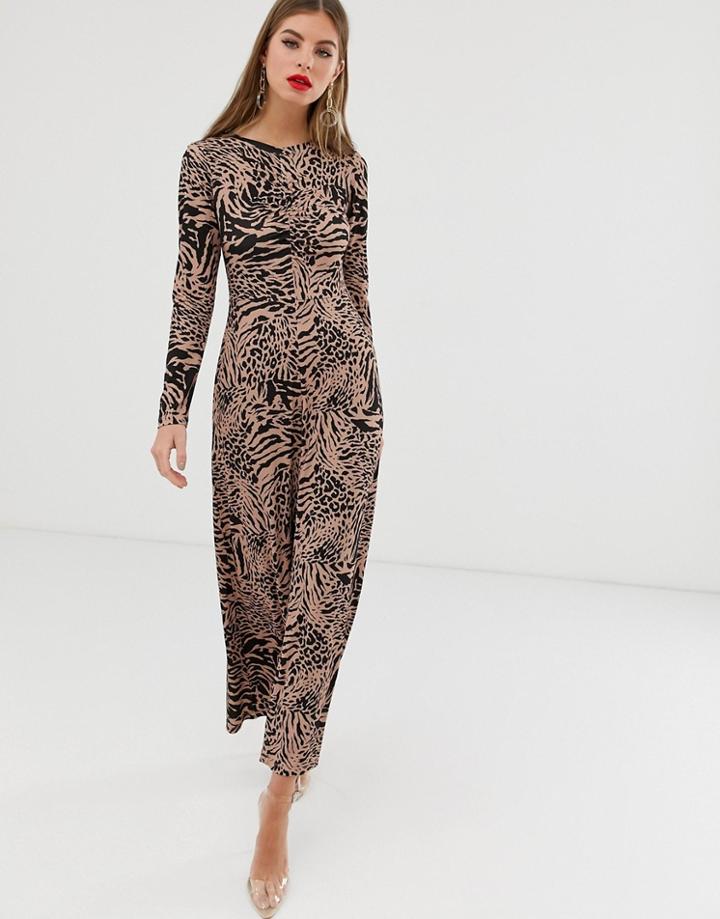Asos Design Crew Neck Ruched Front Animal Print Maxi Dress - Multi