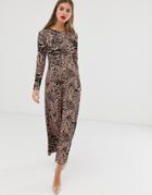 Asos Design Crew Neck Ruched Front Animal Print Maxi Dress - Multi