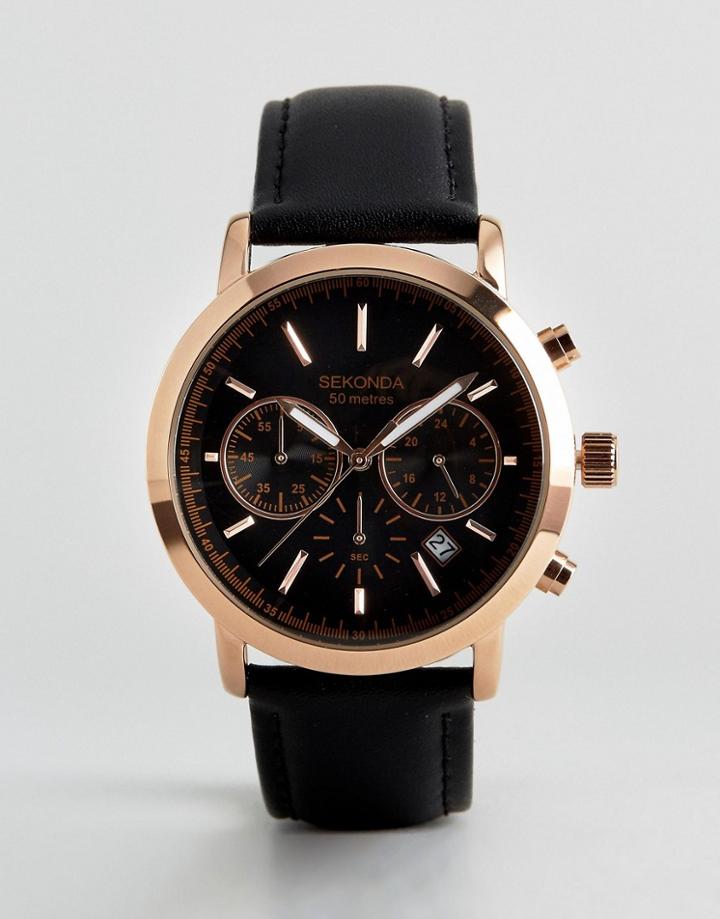 Sekonda Leather Black Chronograph Watch In Rose Gold Exclusive To Asos - Black