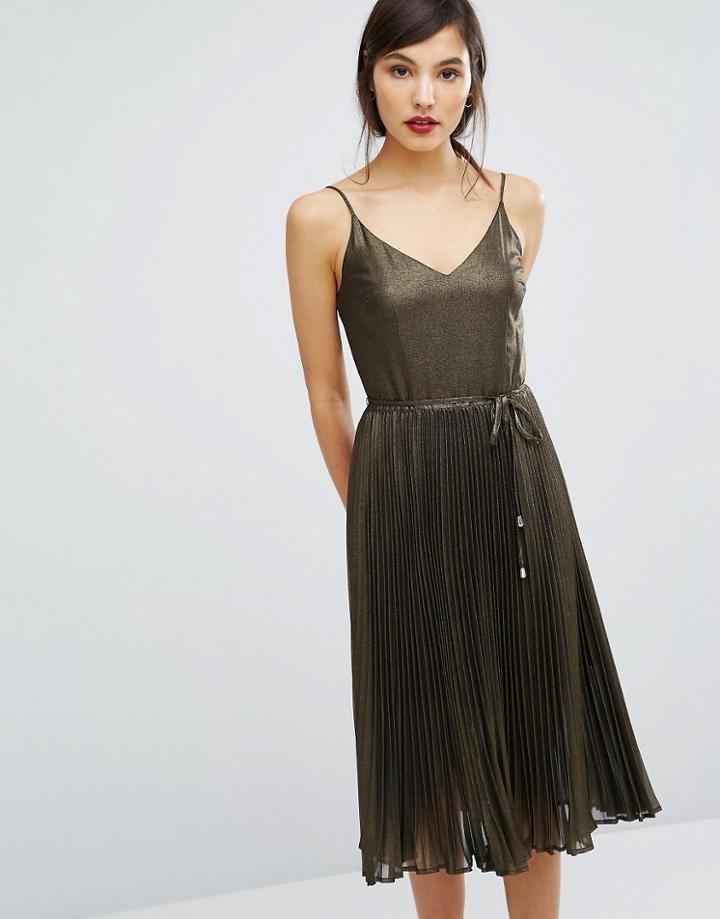 Oasis Metallic Pleated Cami Dress - Gold