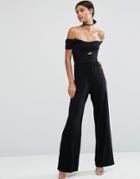 Asos Jersey Jumpsuit With Wrap Bardot And Twist With Wide Leg - Black