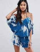 Surf Gypsy Tie Dye Ruffle Cold Shoulder Beach Romper - Multi