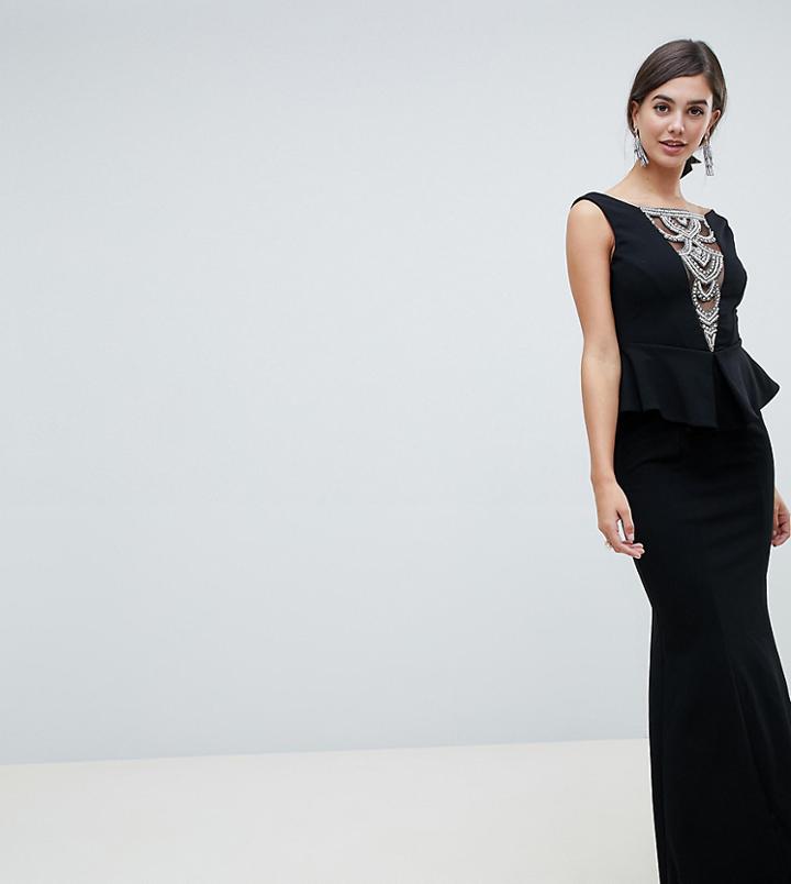 City Goddess Tall Structured Peplum Maxi Dress With Embellished Detail - Black