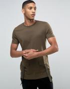 Asos Longline T-shirt In Heavy Jersey With Military Pockets In Khaki - Green