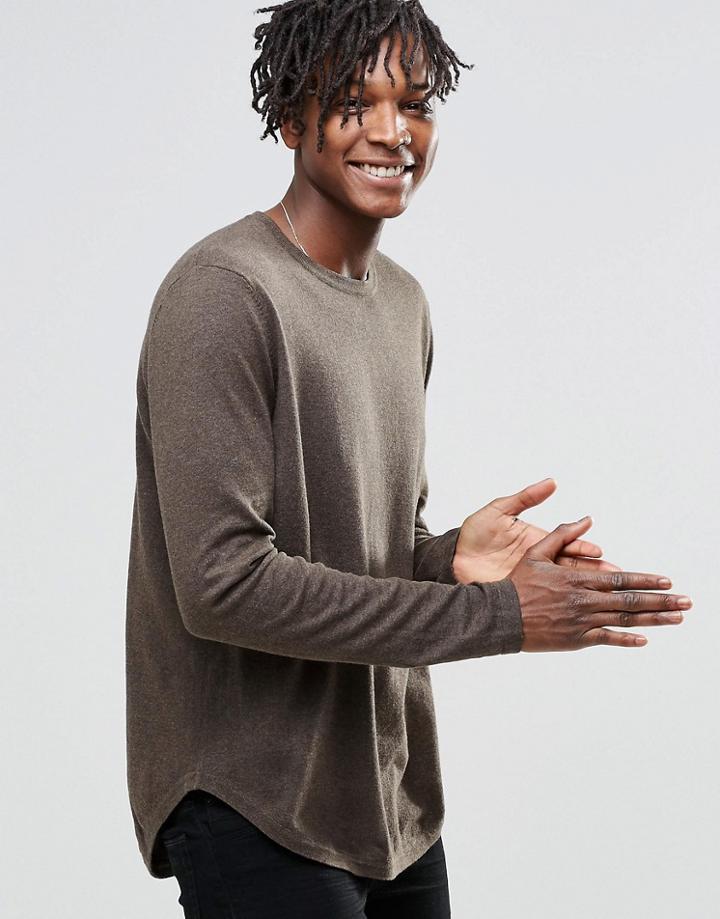 Asos Cotton Jumper With Curved Hem In Light Brown - Brown