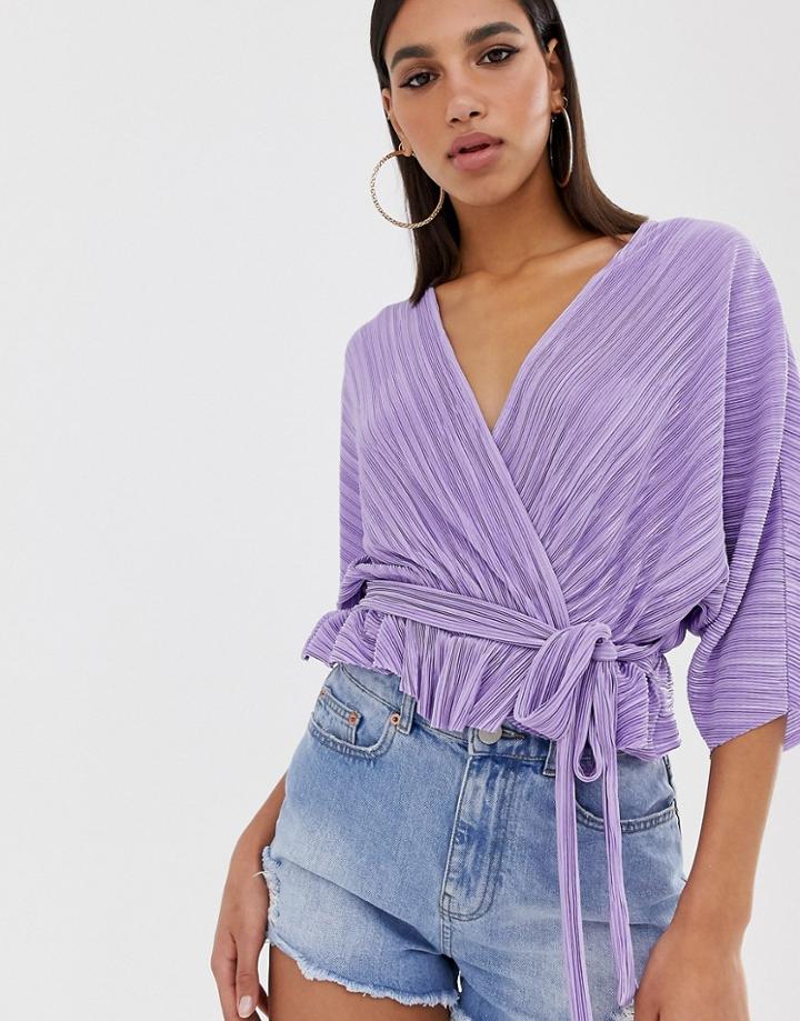 Asos Design Plisse Wrap Top With Tie Waist - Purple