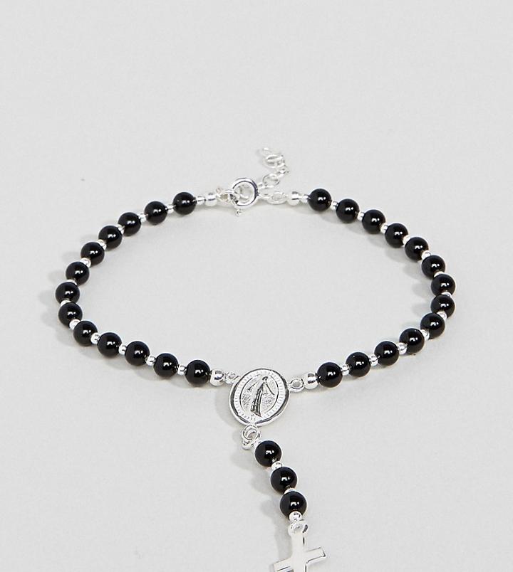 Reclaimed Vintage Inspired Black Beaded Bracelet With Cross Charm In Sterling Silver Exclusive To Asos - Silver