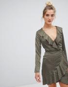 Parisian Polka Dot Wrap Dress With Frill - Green