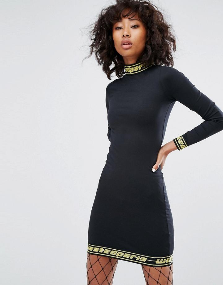 Wasted Paris Bodycon Dress With High Neck And Tape Logo Trim - Black