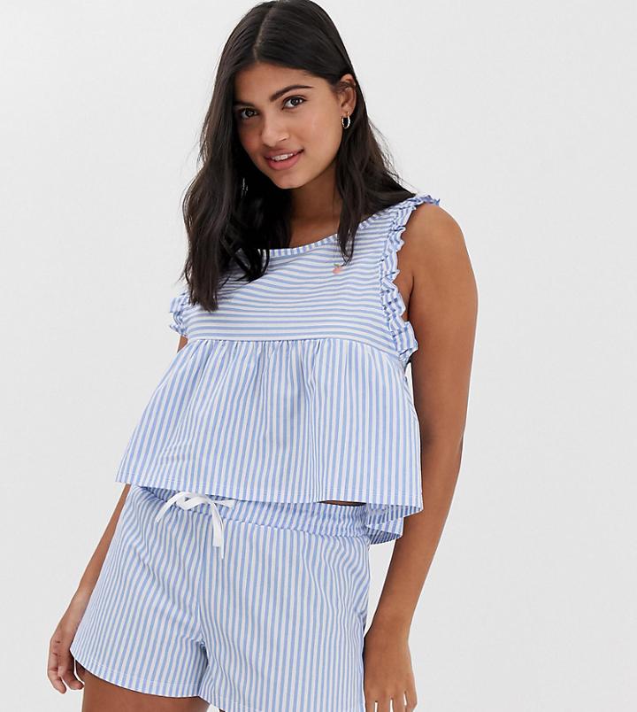 Hey Peachy Stripe Ruffle Short Pyjama Set In Blue And White - Blue