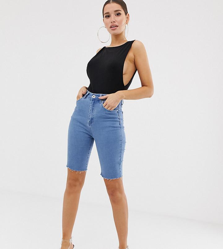 Liquor N Poker Longline Denim Shorts With Raw Hem-blue