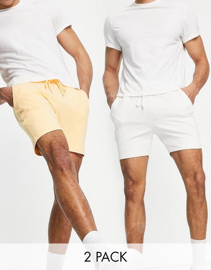 Asos Design Skinny Jersey Shorts In Shorter Length 2 Pack In White/pastel Orange-multi